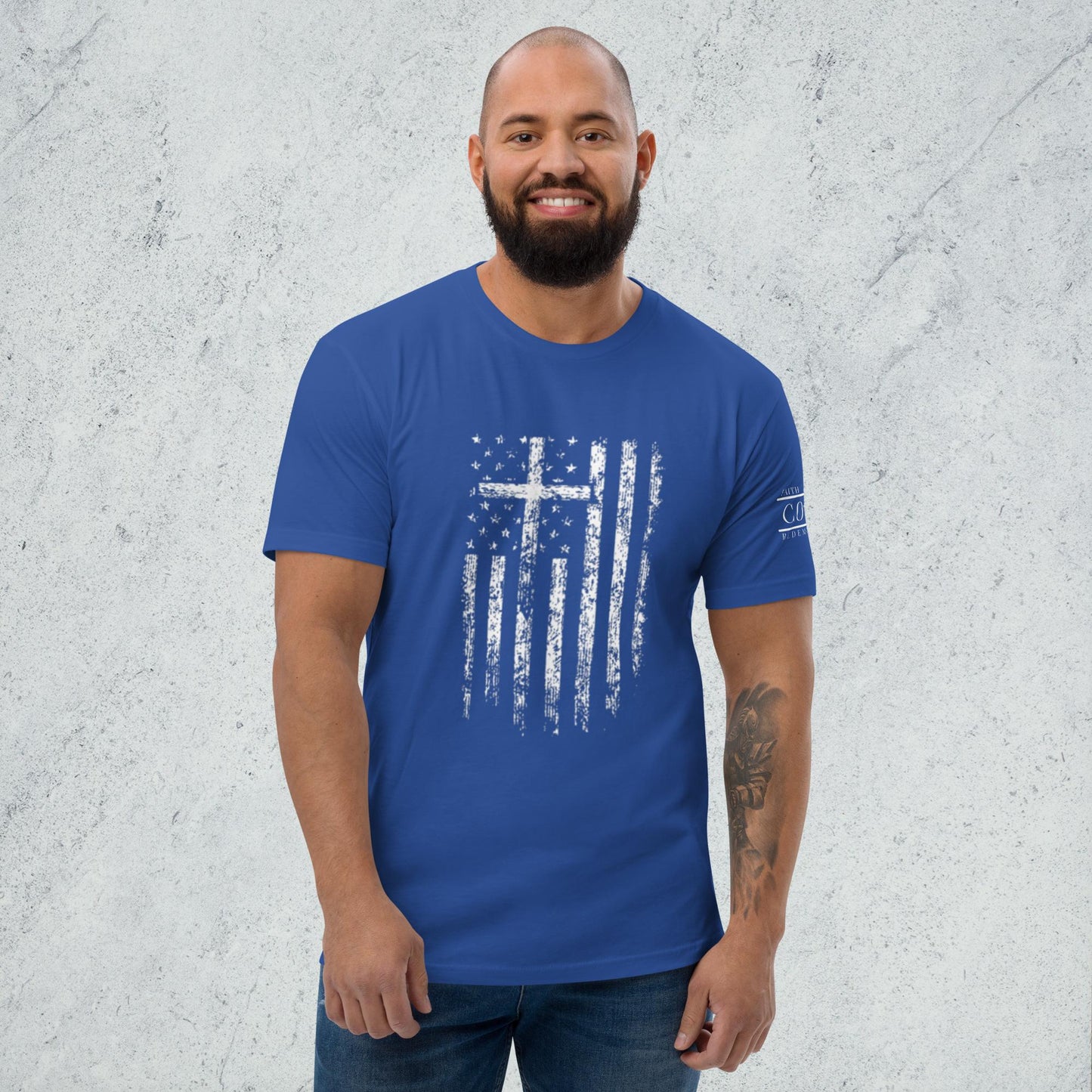 COTK - Jesus is king - Christian faith t-shirt in royal blue with white cross and american flag