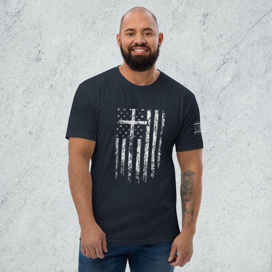 COTK - Jesus is king - Christian faith t-shirt in heather grey with white cross and american flag