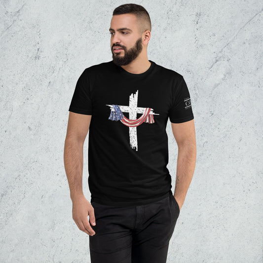 COTK Christian faith t-shirt in black with American flag draped over a white cross