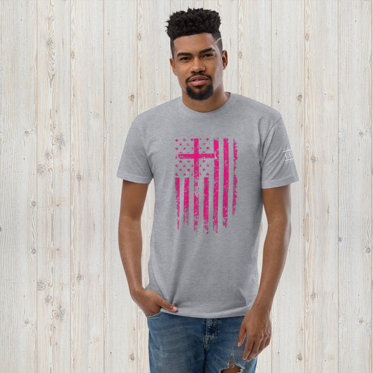 COTK - Jesus is king - Christian faith t-shirt in heather gray with pink cross and american flag