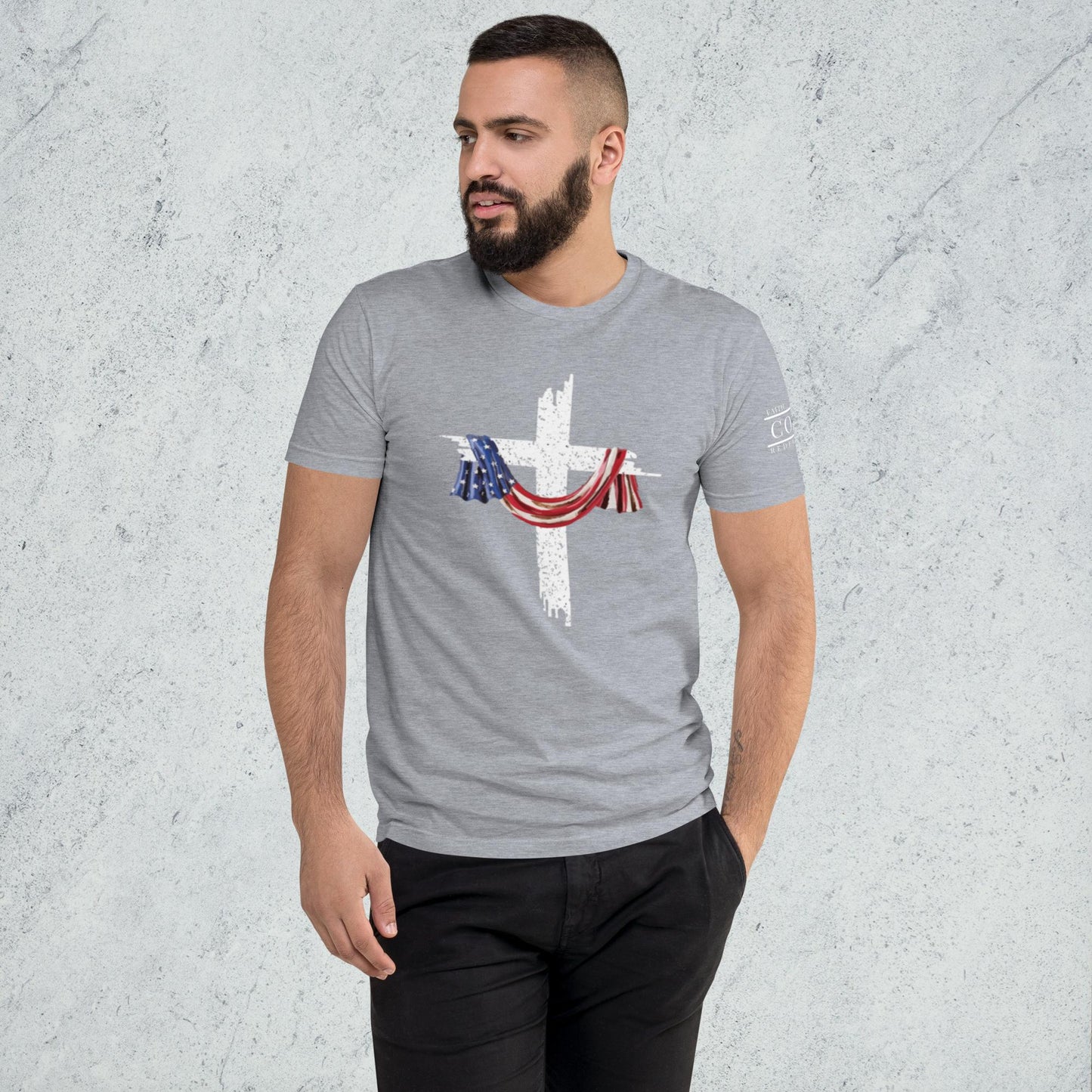 COTK Christian faith t-shirt in heather grey with American flag draped over a white cross