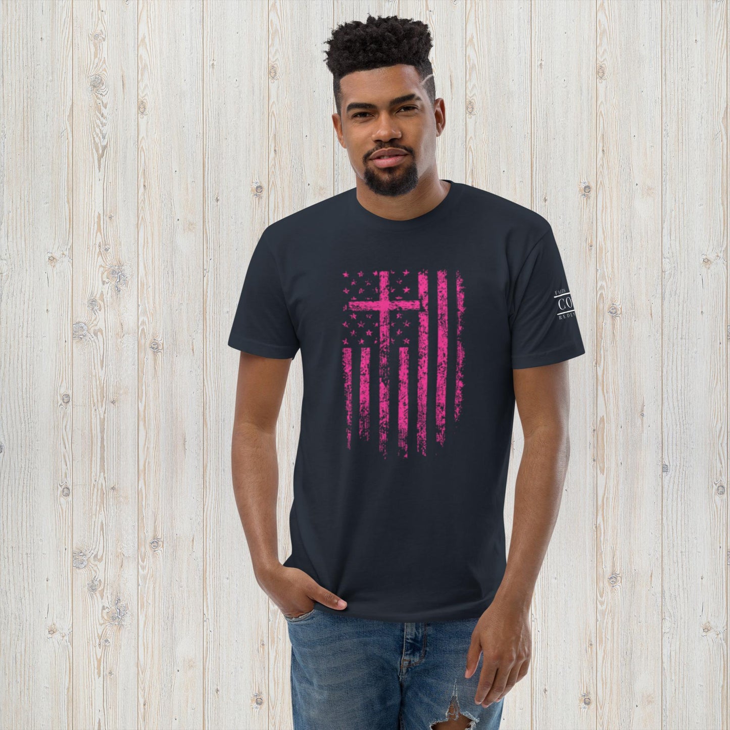 COTK - Jesus is king - Christian faith t-shirt in midnight navy with pink cross and american flag