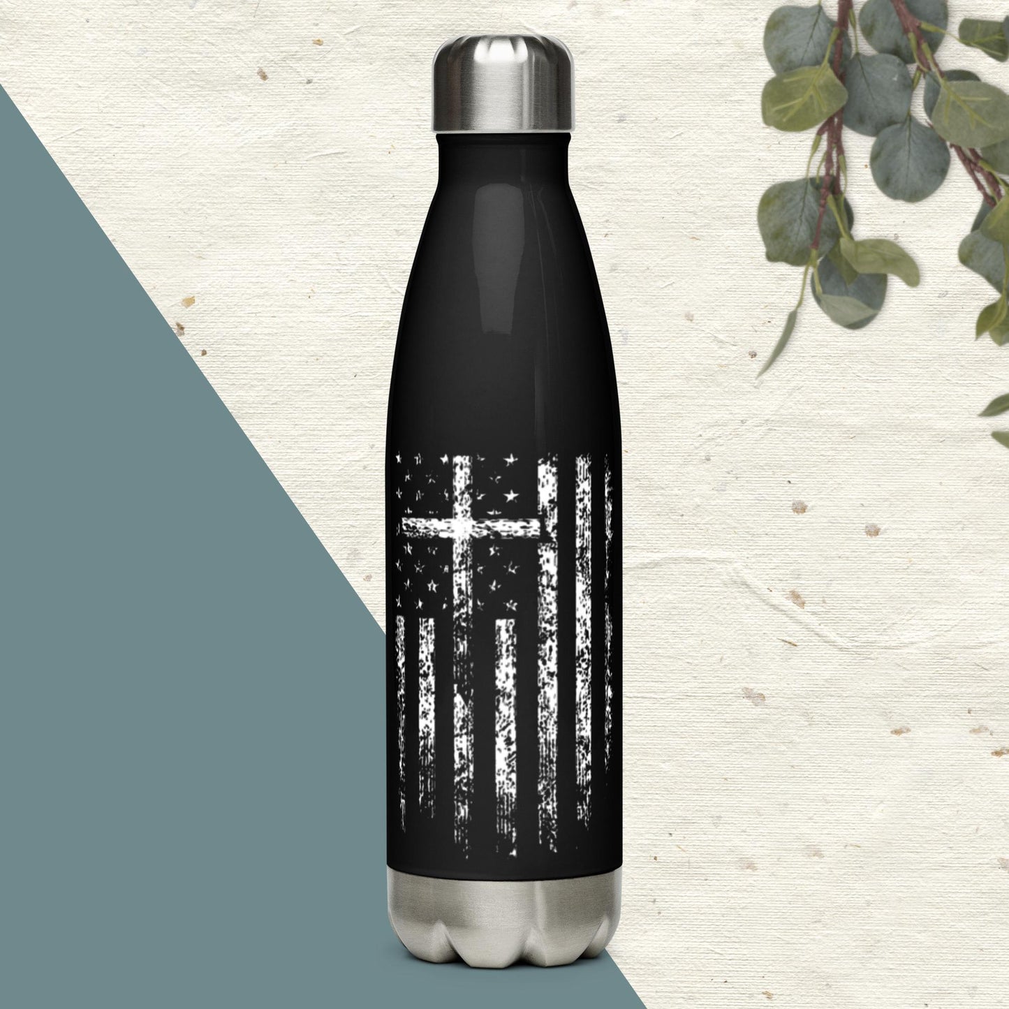 COTK Christian faith stainless steel water bottle 17 oz in black with white cross and American flag