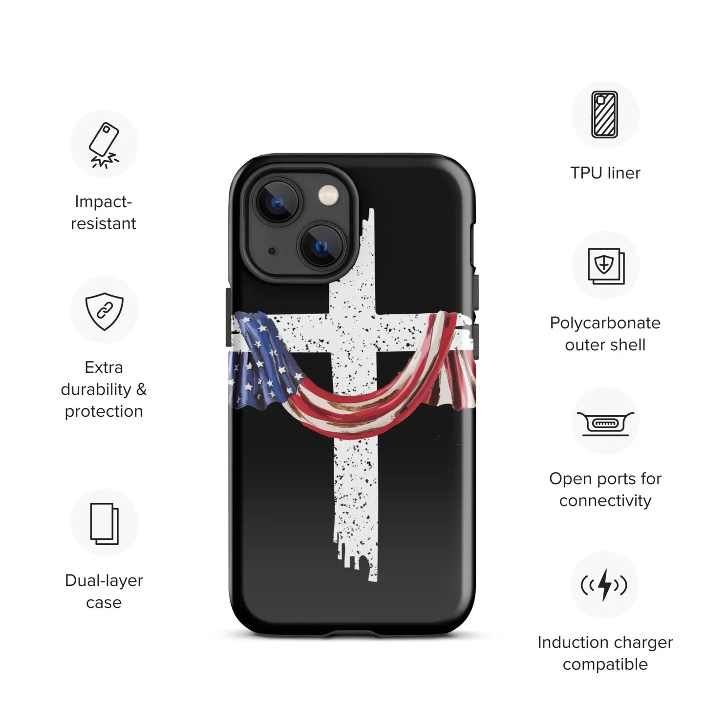 COTK Christian faith tough case for iphone in black with American flag draped over a white cross