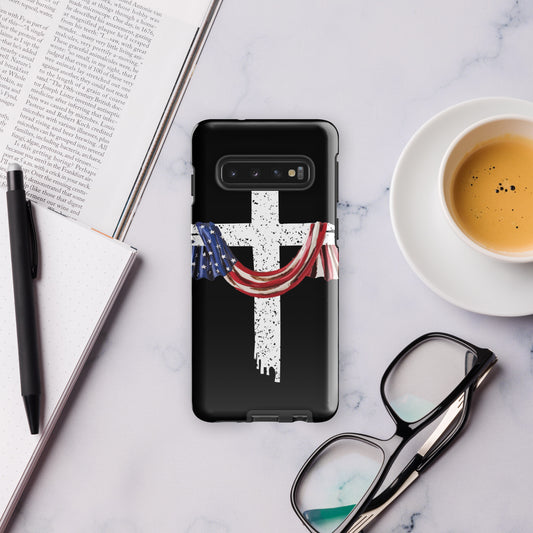 COTK Christian faith tough case for Samsung in black with American flag draped over a white cross