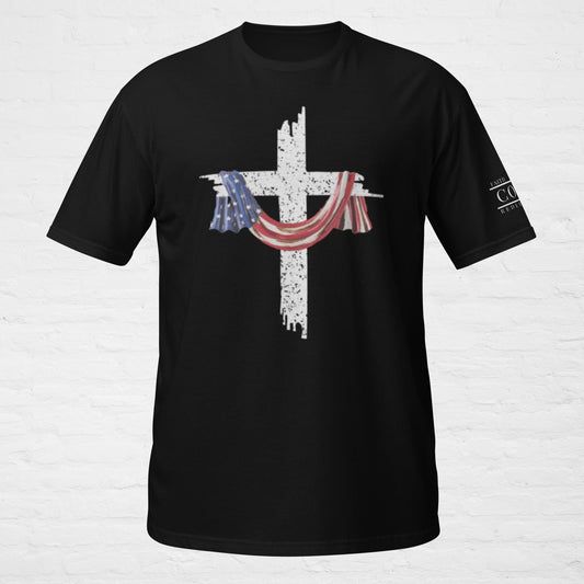 COTK Christian faith softstyle t shirt in black with American flag draped over the cross