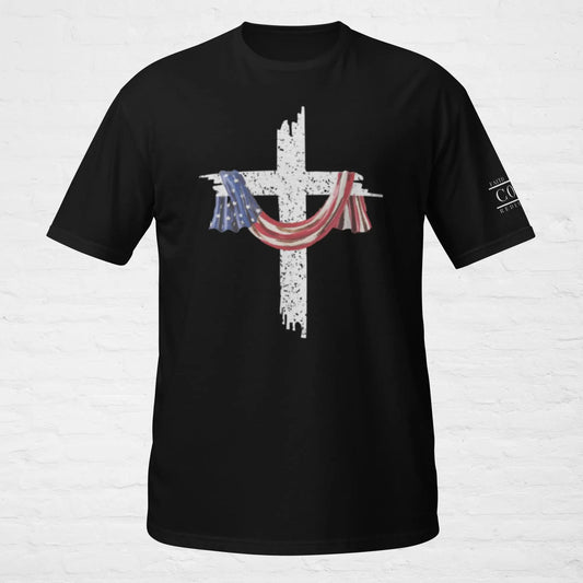 COTK Christian faith softstyle t shirt in black with American flag draped over the cross