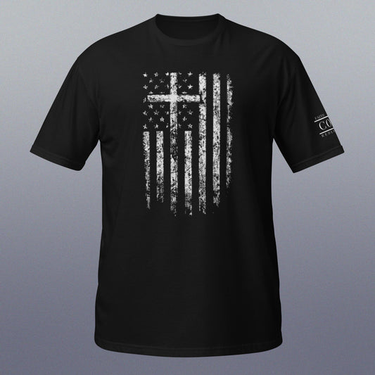 COTK Christian faith t-shirt in black blue with white cross and american flag