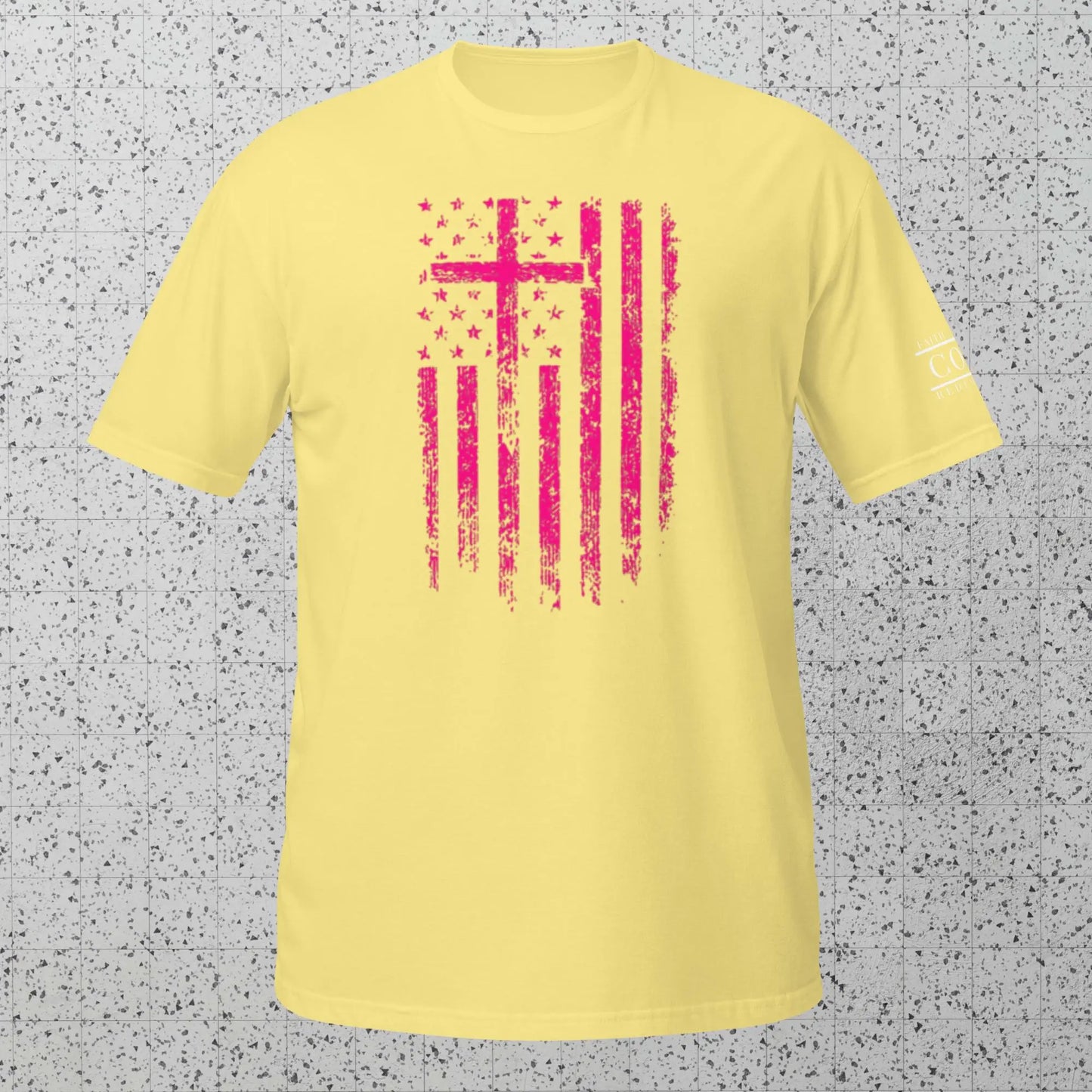 COTK Christian faith t-shirt in cornsilk with pink cross and american flag