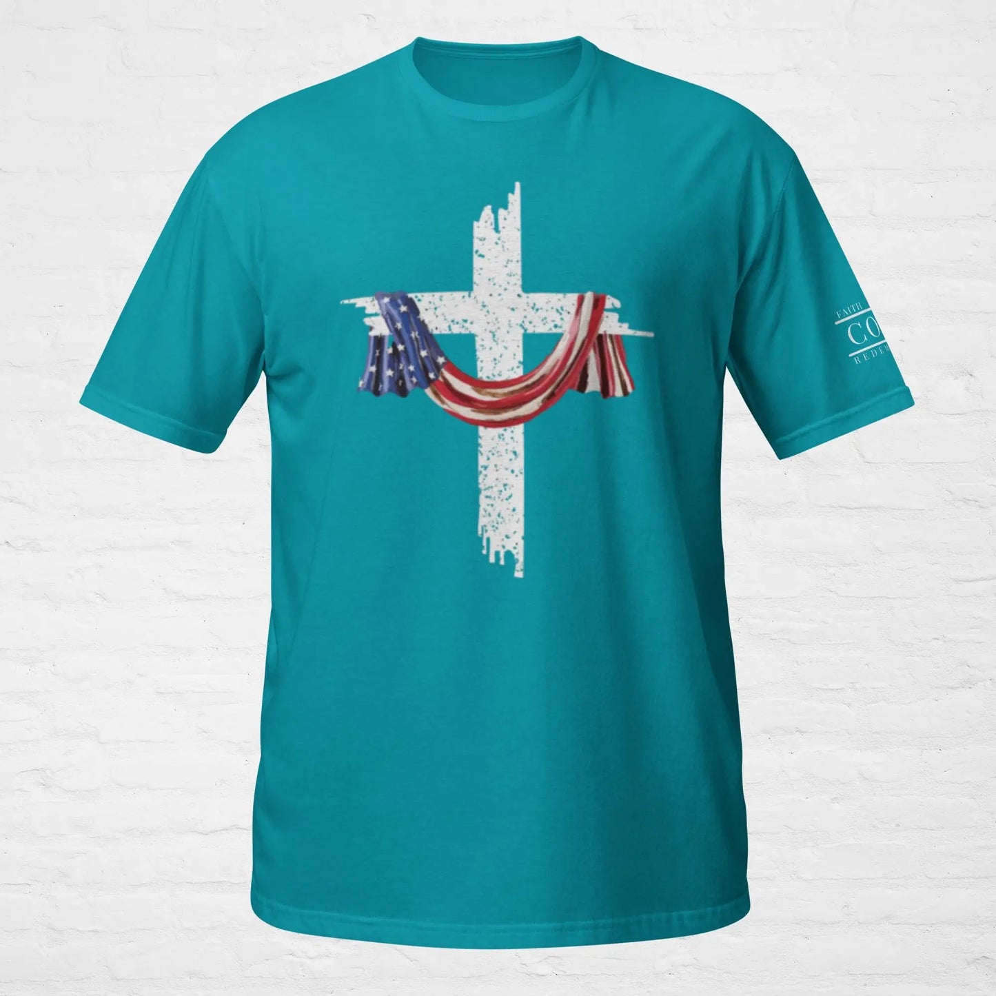 COTK Christian faith softstyle t shirt in tropical blue with American flag draped over the cross