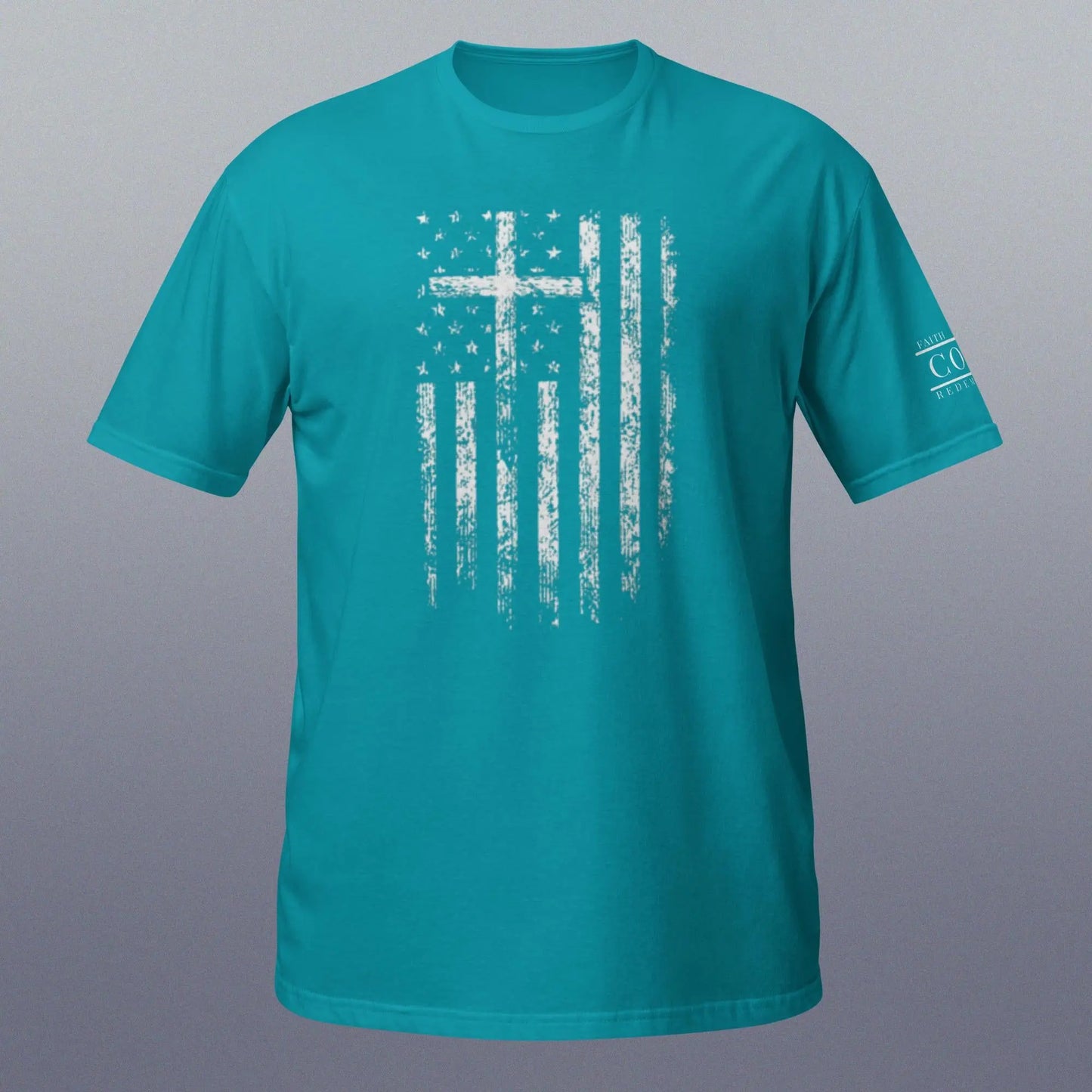 COTK Christian faith t-shirt in tropical blue with white cross and american flag