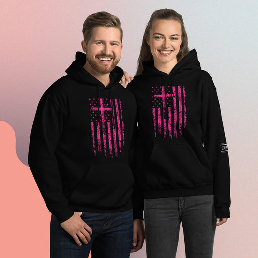 COTK - Jesus is king - Christian faith hoodie in black with pink cross and American flag