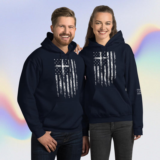 COTK - Jesus is king - Christian faith hoodie in navy with white cross and American flag