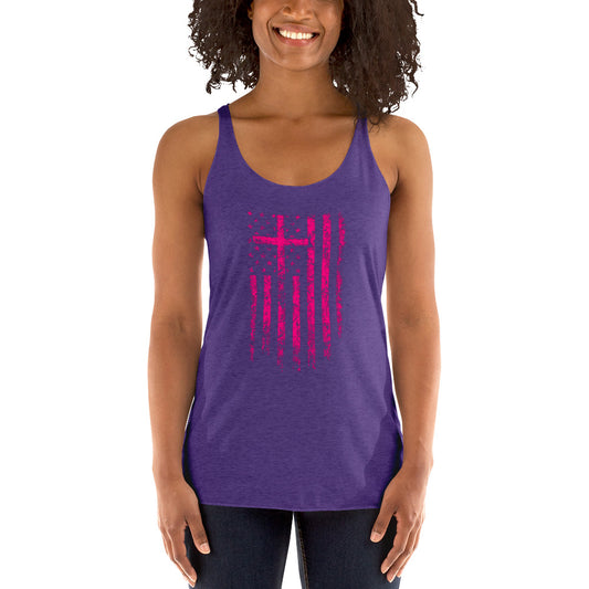 COTK Christian faith women's racerback tank top in purple with pink cross and American flag
