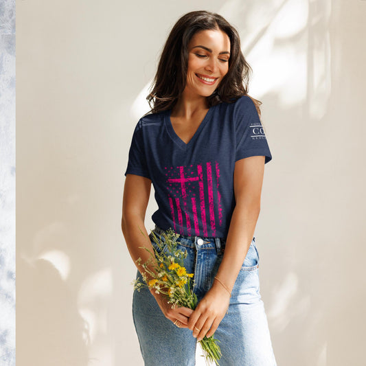 COTK Christian faith t-shirt in heather navy with pink cross and american flag