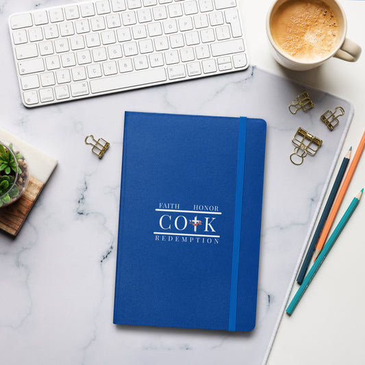 COTK Christian faith hardcover bound notebook in blue with American flag draped over the cross, with the words faith, honor, redemption.
