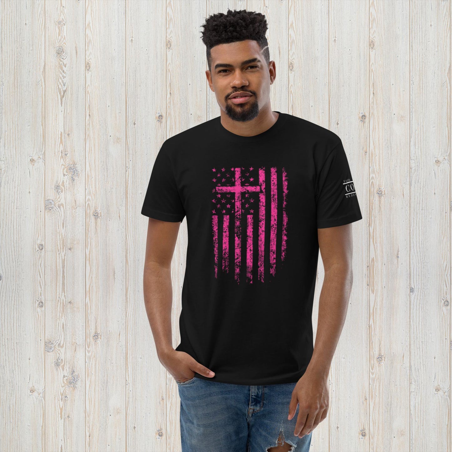 COTK- Jesus is king - Christian faith t-shirt in black with pink cross and american flag