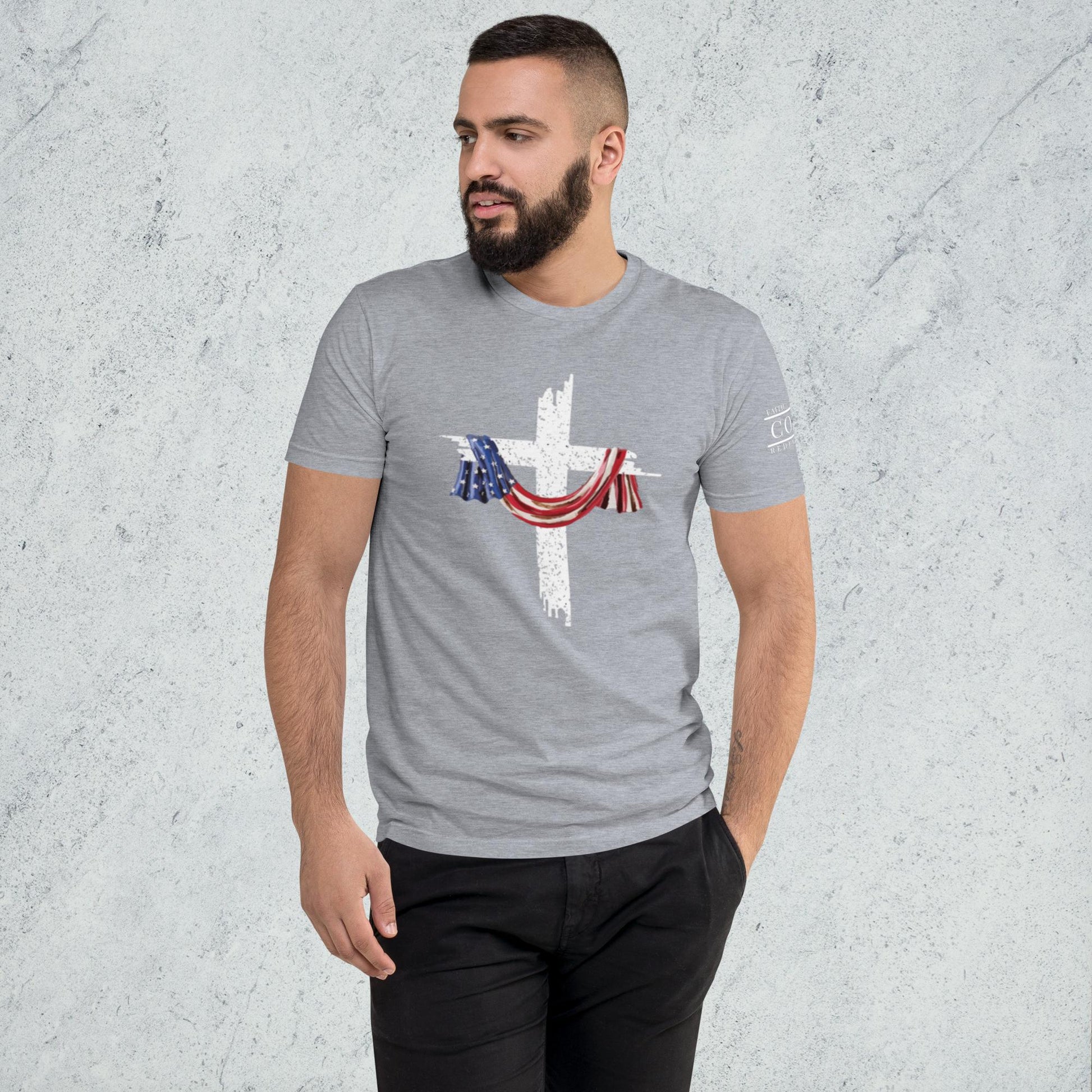 COTK Christian faith t-shirt in heather grey with American flag draped over a white cross