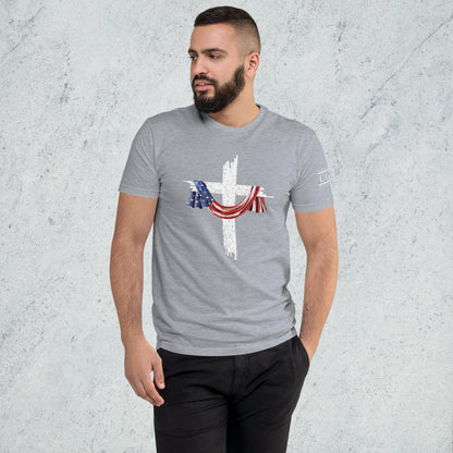 COTK Christian faith t-shirt in heather grey with American flag draped over a white cross