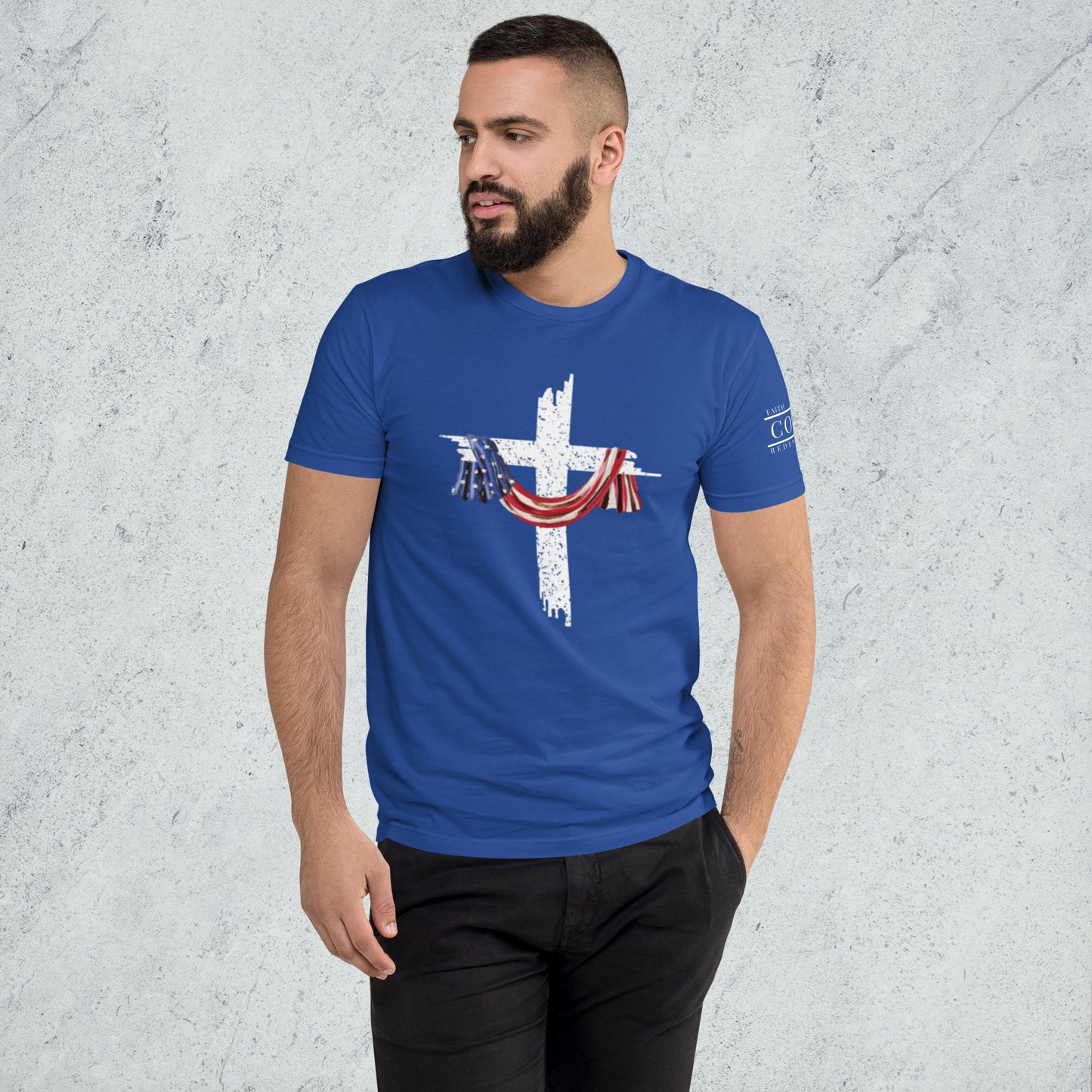 COTK Christian faith t-shirt in royal blue with American flag draped over a white cross