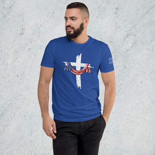 COTK Christian faith t-shirt in royal blue with American flag draped over a white cross