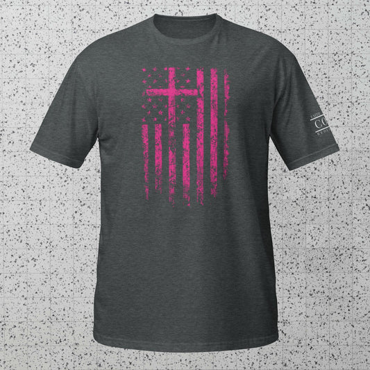 COTK Christian faith t-shirt in dark heather with pink cross and american flag