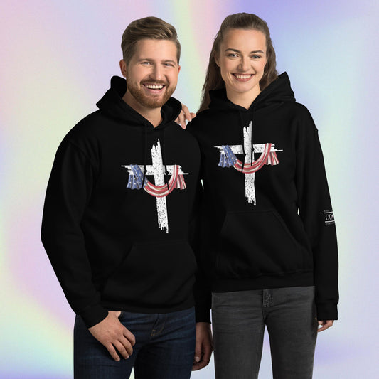 COTK - Jesus is king - Christian faith hoodie in black with American flag draped over the cross