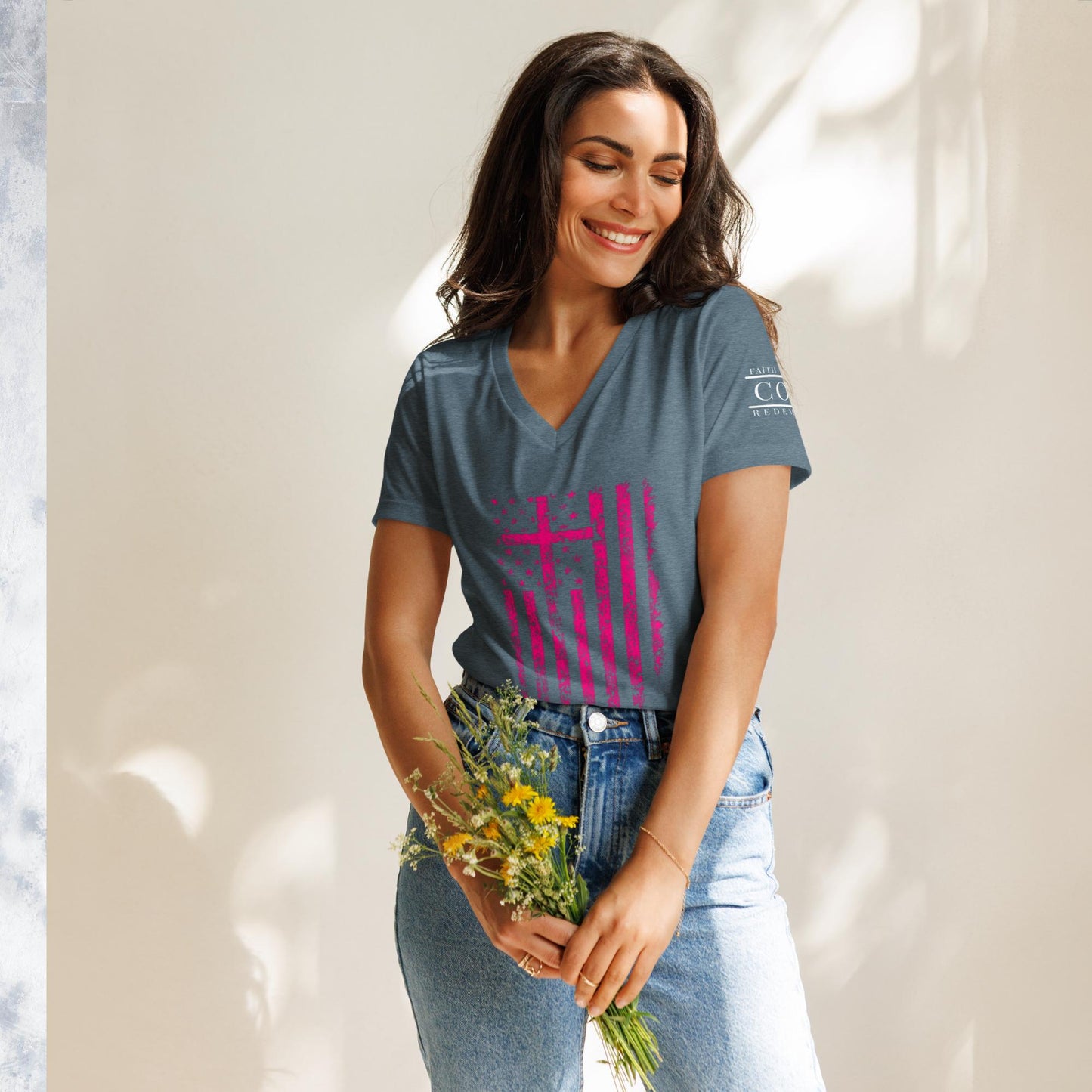 COTK Christian faith t-shirt in heather slate with pink cross and american flag