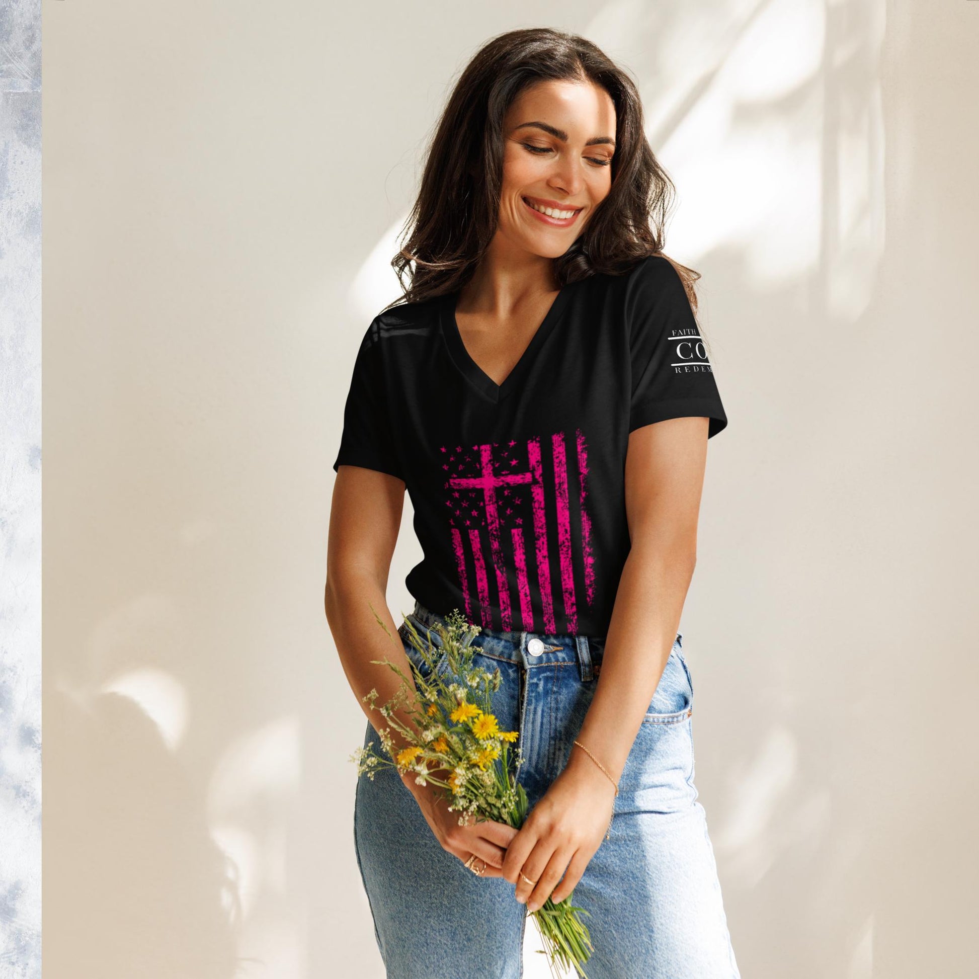 COTK Christian faith t-shirt in black with pink cross and american flag